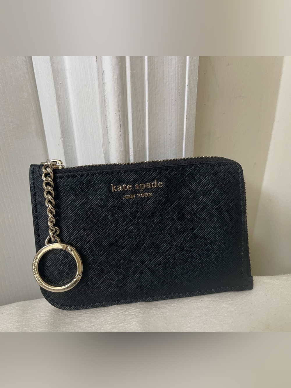 kate spade Black Saffiano Leather Zip Card Holder with Key Ring